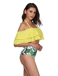 Smismivo Traje de baño de bikini de cintura alta para dama Traje de baño halter Traje de baño de dos piezas con volantes fuera del hombro