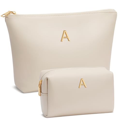 CLOUDWINGS Women Gifts | Initial Makeup Bag Set for Girl Personalized Gifts for Bridesmaid Friend Graduation Teachers PU Leather Cosmetic Travel Toiletry Bag(Beige,A)