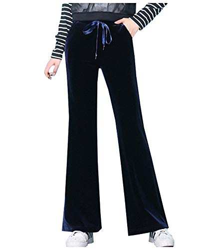 Kedera Women's Corduroy Velvet Pants Comfy Pull on Elastic Waist Trousers Drawstring Pants Dark Blue
