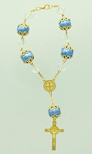 Gold Tone Blue Bead St. Benedict Center Piece &amp; St. Benedict Cross Braclet. Total Length Is Approx 7 Inches, 14mm Crystal Blue Beads and 10mm Crystal Bead