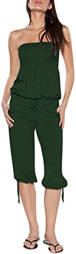 Women's Strapless Rompers Tube Top Capri Jumper Tie Waist Drawstring Petite One Piece Jumpsuits