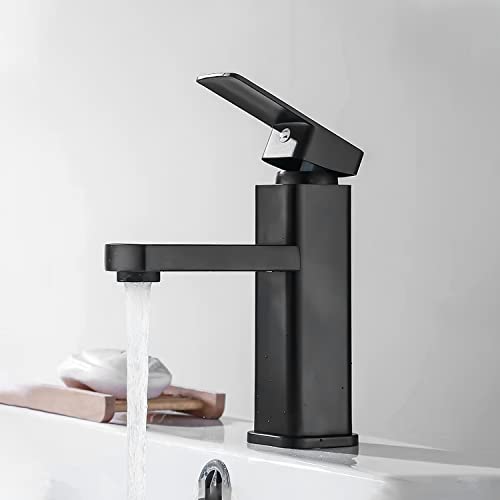 SOLVEX Mezcladora para Lavabo de Baño, Llave Monomando para Lavabo, Grifo para Lavabo de Baño, Llaves para Lavabo de baño Acero Inoxidable, con Líneas de Suministro, Acabado Negro, SP-10041-N