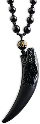 Caiyan Natural Obsidian Ferocious Wolf Tooth Pendant Stretchable Necklace For Men
