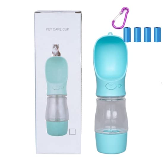 SWISSPACK Portable Dog Water Bottle + 4 ROLLS POO BAG Pet Drinking Bottle Leak Proof Portable Puppy Water Bottle Dispenser Walking Traveling Hiking (258ML)… (BLUE)