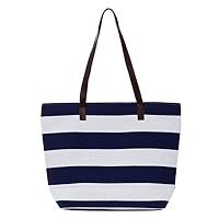 Leisureland Canvas Tote Bag, Travel Tote Bag, Water Resistant Beach Bag (L17"xH13"xW4", Leather Handle Navy Blue)
