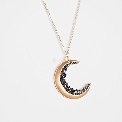Gold Plated Crescent Moon Encrusted With Simulated Black Diamond Crystals Jewels Long Necklace