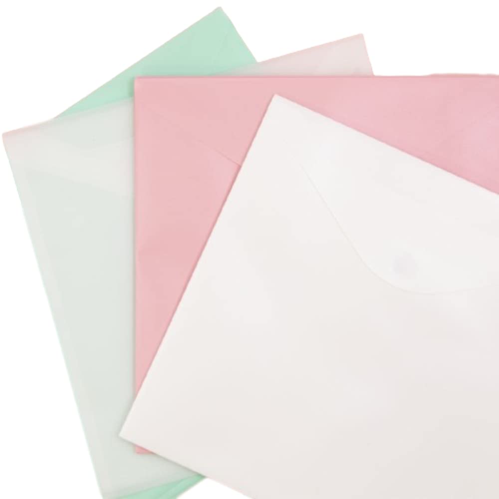 Craftelier - Kit of 12 Envelopes with Velcro Closure for Paper, Cardstock and Other Scrapbooking and Craft Materials | Size 30 x 30 cm | Includes 4 Colours: Pink, Turquoise, White and Crystal Clear