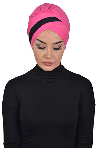 Instant Turban Cotton Scarf Head Wrap Cancer Chemo Headwear Two Clr Fuchsia Blck