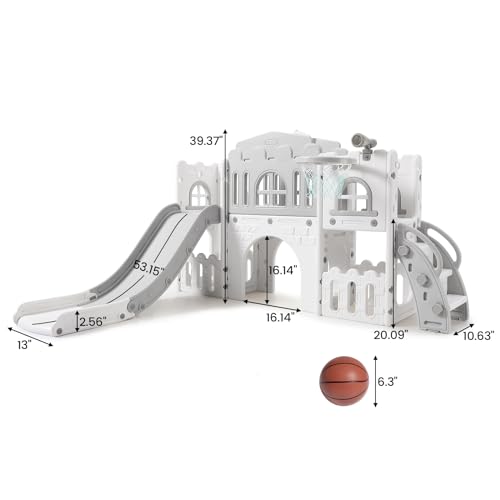 Garvee 8-in-1 Toddler Slide Playset for Kids Age 1-3, Freestanding Indoor Outdoor Baby Playset with Basketball Hoop, Steering Wheel, Telescope, Crawl Tunnel and Toy Storage