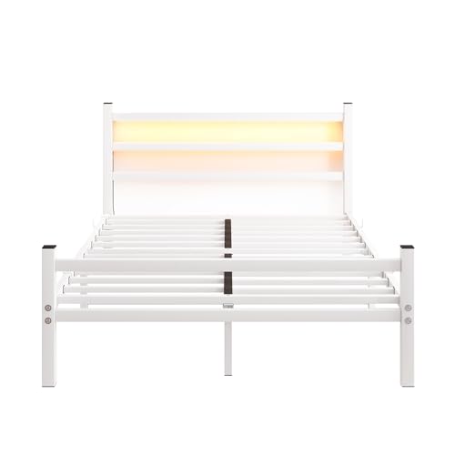 Maliacife Full Bed Frame with Headboard and Footboard,Metal Platform Double Bed Frame with Charging Station and LED, Steel Slats Mattress Foundation, No Box Spring Needed,Noise Free,White