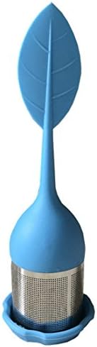 Pengnuo Extra Fine Mesh Tea Infuser - 18/8 Stainless Steel Tea Cup Filter with BPA-Free Silicone Leaf Handle and Drip Tray - Perfect Tea Balls Tea Strainers for All Types of Loose Leaf Tea(Blue 1pk)