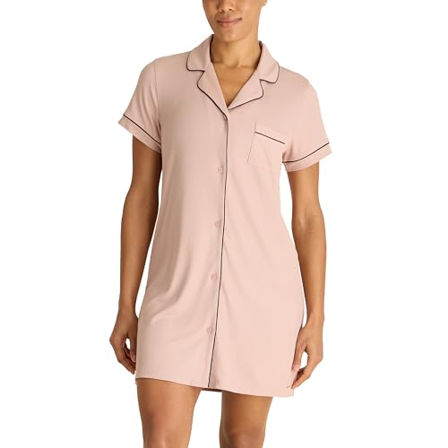 BCBGMAXAZRIA Women’s Short Sleeve Notch Nightshirt, Adobe Rose, Large