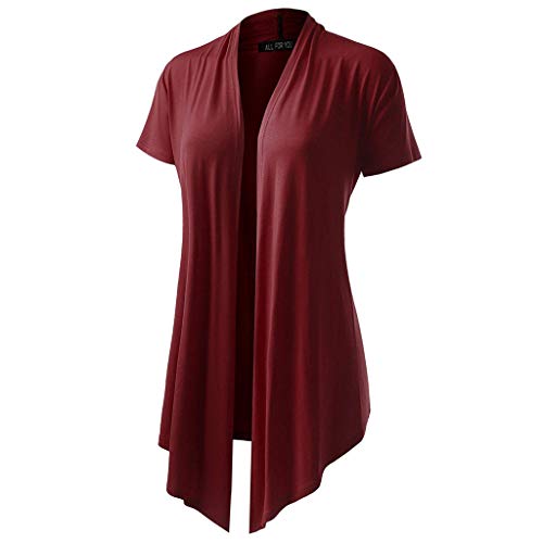 DONTAL Women's Soft Drape Cardigan Short Sleeve Smock Sun Wear Blouse Tops Clothes Kimono Wine