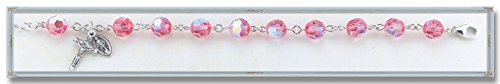 Solid 925 Sterling Silver Prayer Beads Charm Bracelet 8mm Round Faceted Aurora Boreal Swarovski Crystal Beads with Miraculous Immaculate Conception Virgin Blessed Mary Medal and Cross Crucifix Boxed