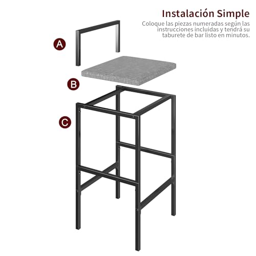SIMPLE HOGAR Bancos para Barra, Juego de 2 Taburetes de Bar, Bancos para Barra de Cocina de Madera de Hierro y Tela. (Negro + Gris)