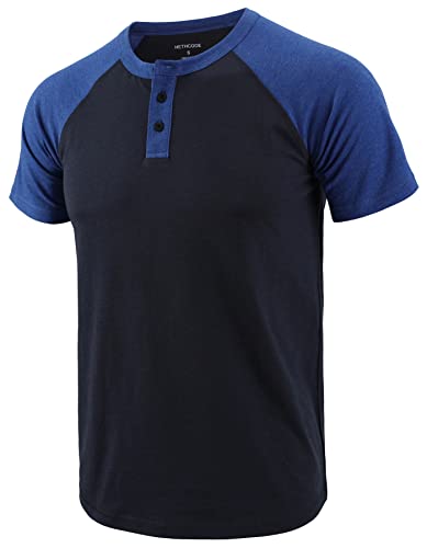 HETHCODE MEN’S CLASSIC SLIM FIT SHORT RAGLAN SLEEVE BASEBALL WORKOUT GYM HIKING HENLEY T SHIRTS NAVY/H.BLUE XL