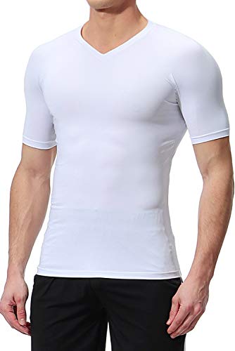 Lavento Men's Compression Shirts Cool Dry Short Sleeve Workout Slimming T Shirt (3 Pack-V Neck White,Large) - Thumbnail 5