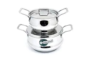 Coconut Stainless Steel Rexona Pot with Lids - Thick Triply Bottom (Sandwich Bottom) Cookware & Serveware - 1000ML & 2000ML - Set of 2