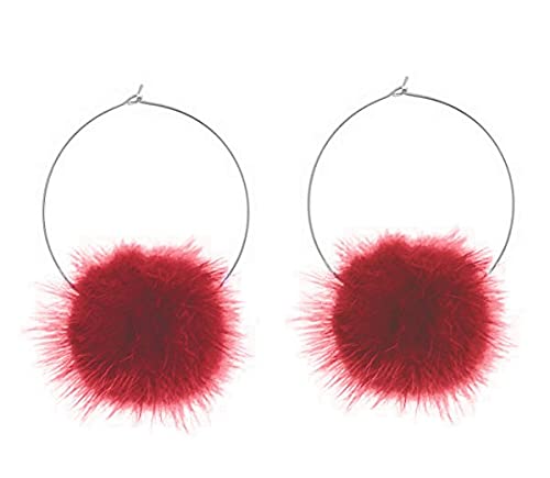 Fur Pom Pom Fluffy Earrings Cute Kawaii Festival Acessories Baby Pink White Black Green Silver (Red)