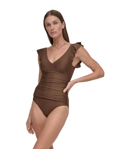 DKNY Women's Ruffle Shoulder V-Neck One Piece Swimsuit with Tummy Control, Moch…