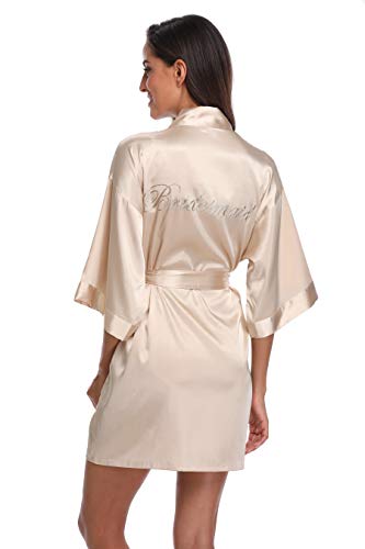 Women's Silky Bride Bridesmaid Kimono Robes Short Wedding Party Getting Ready Robe Dressing Gown with Gold Glitter, Bridesmaid Champagne M - Thumbnail 6
