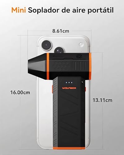 WOLFBOX Sopladora de Aire Inalámbrica MF50, Turbo Potente 110,000 RPM (3 Velocidades, 5000mAh), Limpiador Portátil de Polvo para PC, Teclado, Auto y Asador, 120W