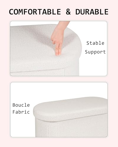 28" Oval Foldable Ottoman with Storage, Teddy Boucle Fabric Footrest, Storage Bench for Living Room, Bedroom, Entryway, Dorm, White