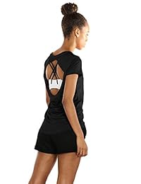 icyzone Open Back Workout T-Shirts for Women - Running Gym Shirts Yoga Tops Exercise Short Sleeves