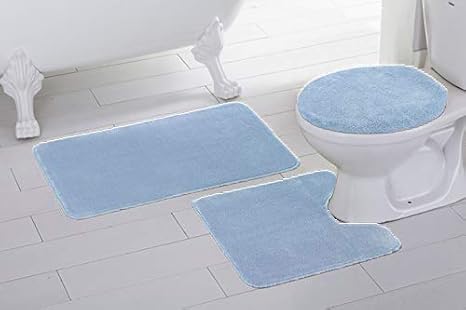 Amazon Com Elegant Home 3 Piece Bathroom Rug Set Bath Rug Contour Mat Lid Cover Non Slip With Rubber Backing Solid Color Angela Light Blue Kitchen Dining