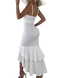 BEAGIMEG vestido de fiesta de noche largo, sin espalda, con volantes, elegante, sexy, para mujer