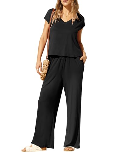 YOUSIFY WOMEN’S SUMMER 2 PIECE OUTFITS V NECK SHORT SLEEVE CROP TOP WIDE LEG PANTS LOUNGE MATCHING SETS WITH POCKETS