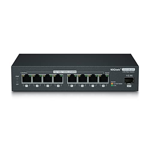 10Gtek 9-Port Unmanaged 2.5G Switch, 8 x 2.5GBASE-T Ports,with one SFP slots (2500M), without Transceiver, Backwards Compatible with 10/100/1000Mbps Devices, Fanless, Wall Mountable
