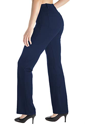 Yogipace, Belt Loops, Women’s Petite/Regular/Tall Dress Pant Bootcut Yoga Work Pants Slacks Trousers Back Pockets Office Commute Travel, 31″, Navy Blue, Size L