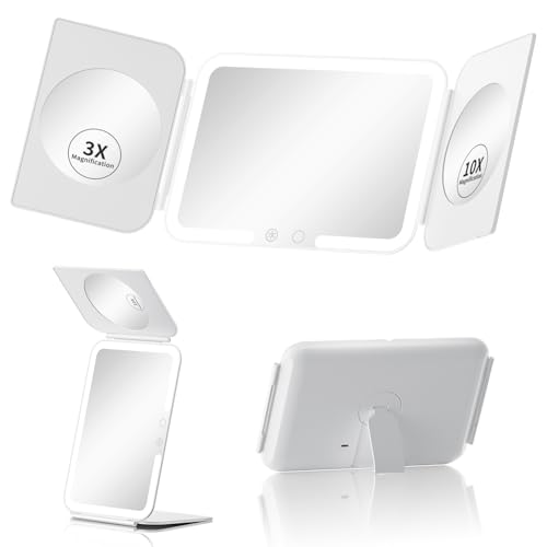 Beautifive Trifold Travel Lighted Makeup Mirror, 5000mAh Rechargeable Light Up Magnifying Mirrors 1X/3X/10X, 3 Color Lighting&Stepless Dimming, Ultra Bright and Multi-Angle Adjustment