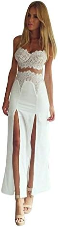 FloraFox Sleeveless Lace Stitching Two Piece Cocktail Party Dress Two Piece Maxi Skirt Set White S