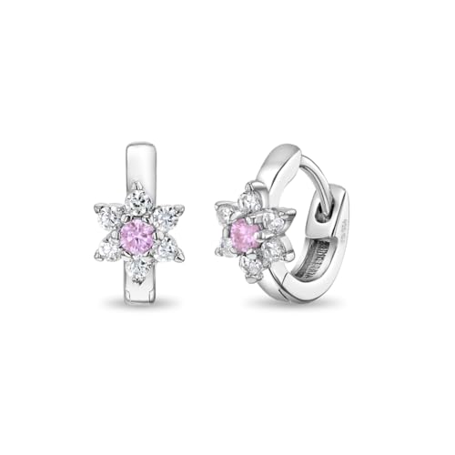 925 Sterling Silver Clear Pink Cubic Zirconia Tiny Flower-Shaped Hoop Huggie Earrings For Infants, Toddlers & Little Girls 9mm- Sparkly & Stylish Jewelry Gift For Baby Girls