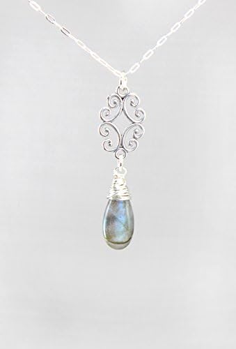 Labradorite Gemstone Minimalist Pendant Necklace with Sterling Silver Chain - 18" Length