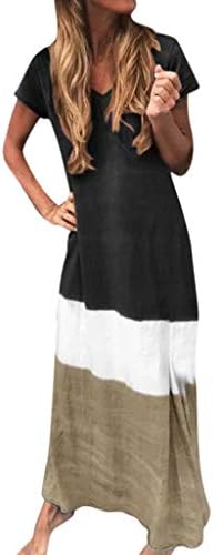 Maxi Dresses for Women Casual V-Neck Short Sleeve Patchwork Loose Tunic Dress Plus Size