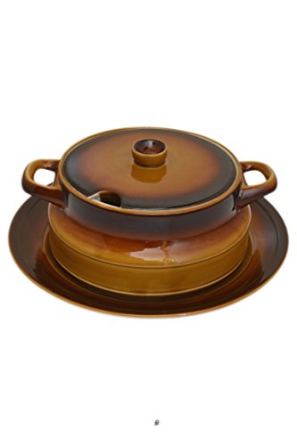 70's Brown Polish-Ceramic Gradient Kitchen Soup Dish Tureen with Serving Tray - Thumbnail 3