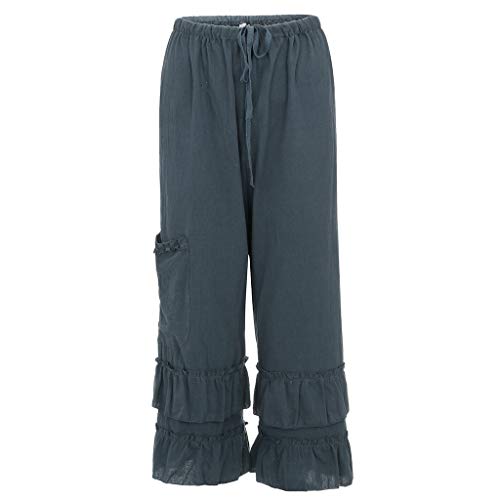 Mnyycxen Women's Comfy Drawstring Elastic Waist Linen Pants Ruffle Hem Long Pant with Pocket Navy - Thumbnail 6