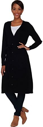 Halston Silk-Cashmere Long Cardigan Drawstring A280010, Black, 3X