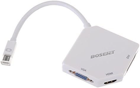 Bosejet [The 3rd Generation]Cobra 3Core Mini Displayport DP Thunderbolt Male to DVI VGA HDMI Female TV AV Video HDTV Adapter Cable 3 In1 for Mac, Macbook, Macbook Pro, Macbook Air, iMac, Surface Pro 1 2 3, Lenovo Thinkpad X1 Carbon, X230/240s - White