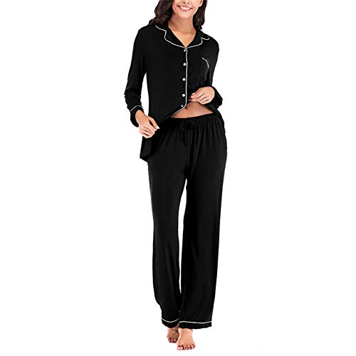 Pajamas Set for Womens 2 Piece Nightwear Long Sleeve Button Down Sleepwear Soft Pjs Black XXL