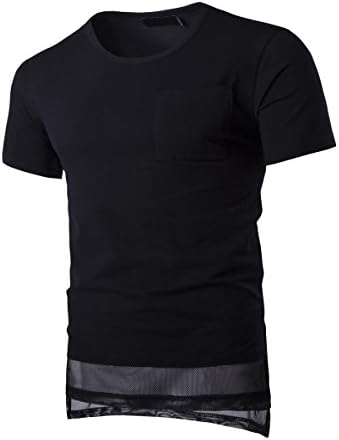 Black White Loose and Hem Net Yarn Splice Long T shirt (XXL, Black)