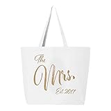 The Mrs. Est. 2017 Large Bridal Tote Bag - White and Glitter Gold