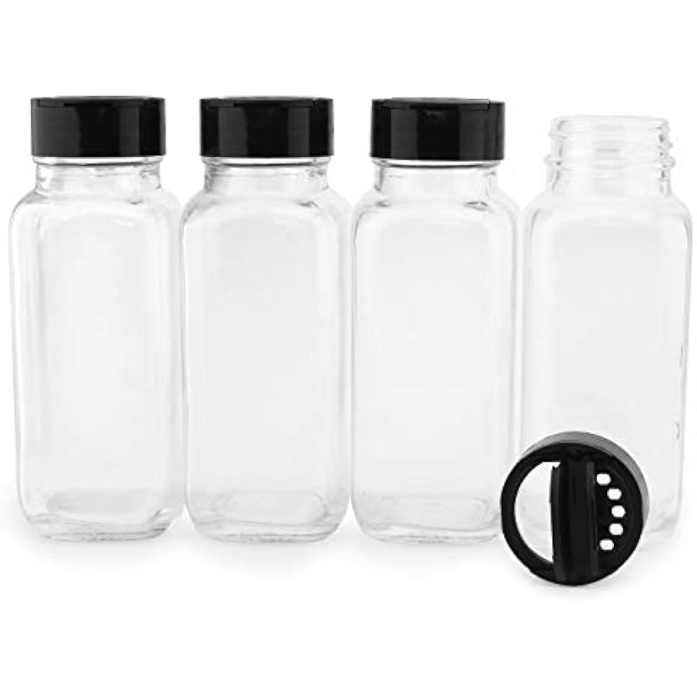 8Ounce Kitchen & Dining French Square Spice Jars, Shaker/Pourer Lid (4