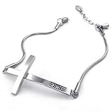 Three Keys Jewelry Womens Cubic Zirconia Stainless Steel Bracelet, Sideways Cross Charm, Silver