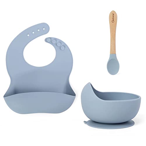 Ginbear Baby Bowls with Suction First Stage, Baby Boy Silicone Bibs, Baby Feeding Spoons, Baby Led Weaning Supplies for Ages 6 Months+ (Dusty Blue)