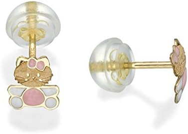 Solid Yellow Gold 14K Hello Kitty Baby Stud Earrings Pink Enamel Screw-back
