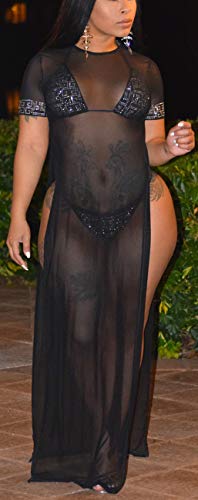 Women's Sexy Long Maxi Dresses Summer Casual See Thru Round Neck Short Sleeve Sheer Mesh Beach Cover Ups Loose Stretchy Plus Size Swimsuit Split Side with Fake Diamond